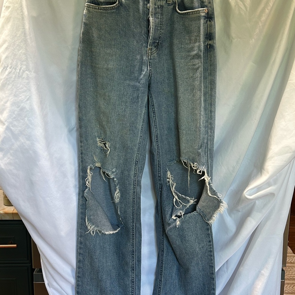 High Waist Straight Leg Torn Blue Jeans